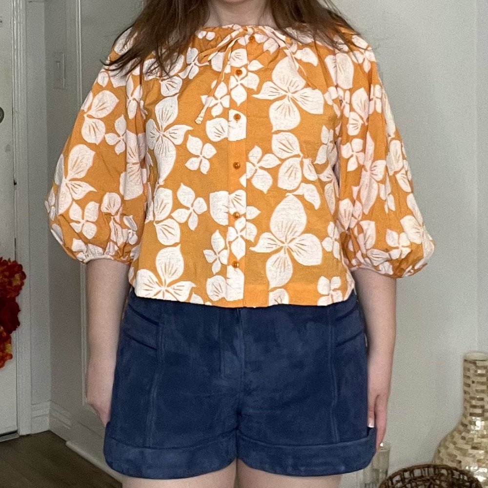 Ted Baker Madia Floral Print Puff Sleeve Blouse In Orange